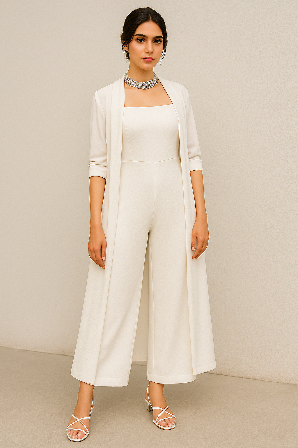 Elegant White Jumpsuit with Long Shrug