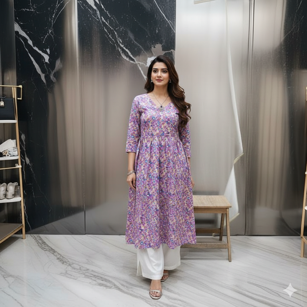 Anamika Pink Side Ribbon Cotton Kurti Set