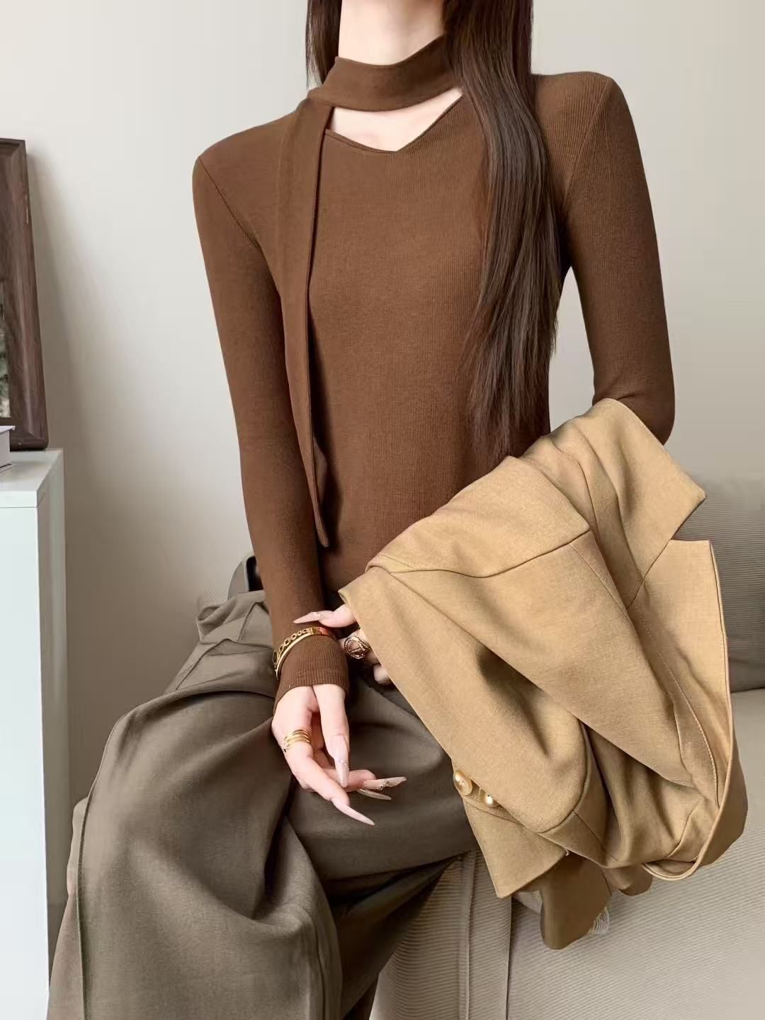 Basic Knit Tops with Neck Bow