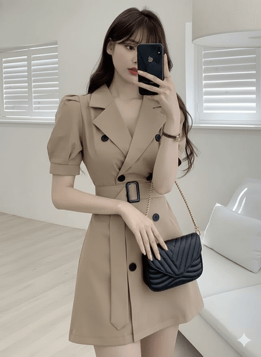 Puffed Sleeved belted buttoned blazer dress - dress - stylessagess