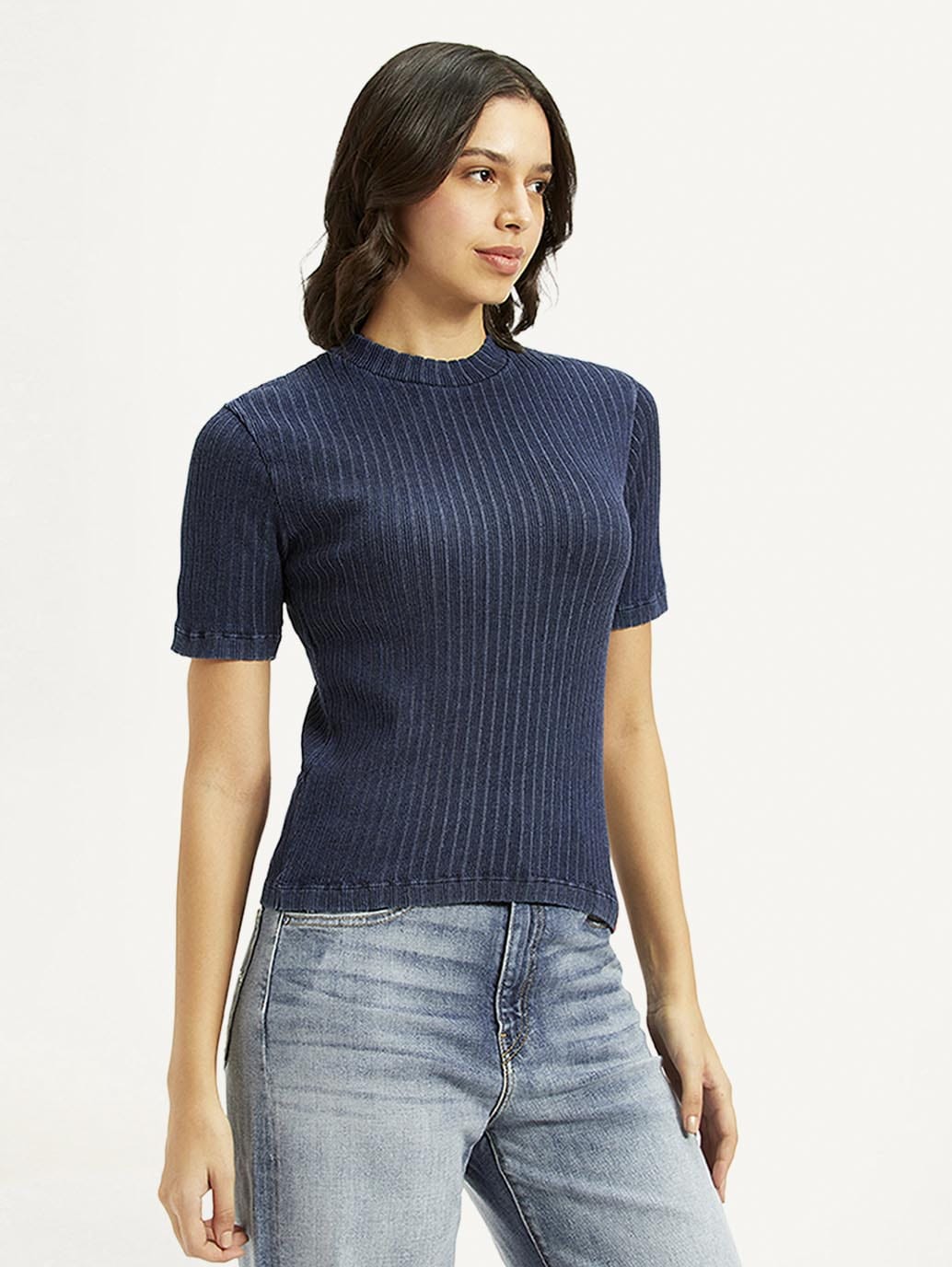 Navy Blue Ribbed Short Sleeve Top