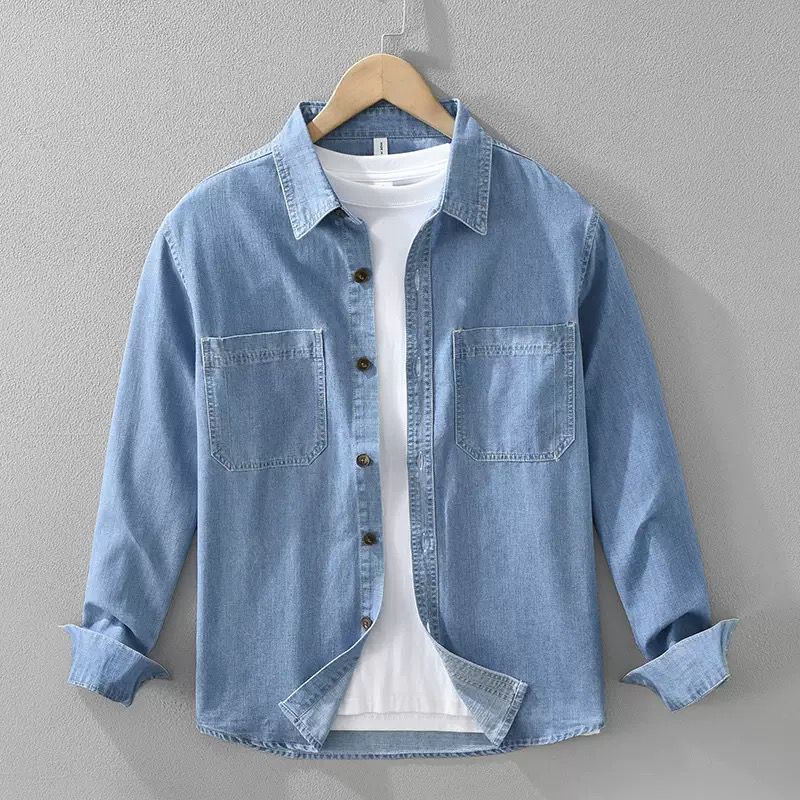 Mid-Blue Denim Shirt with Dual Pockets & White Inner Tee