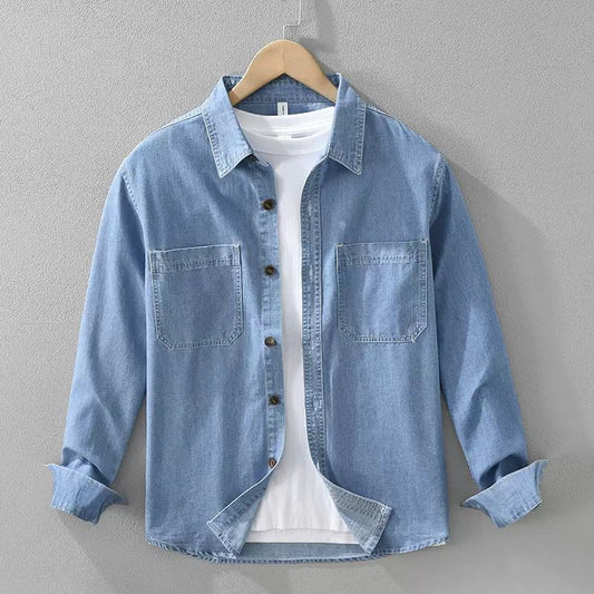 Mid-Blue Denim Shirt with Dual Pockets & White Inner Tee