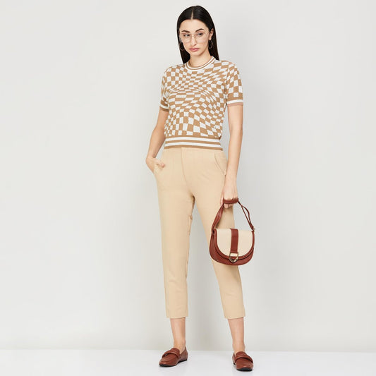 Chic Checkered Knit Top with Beige Slim-Fit Trousers