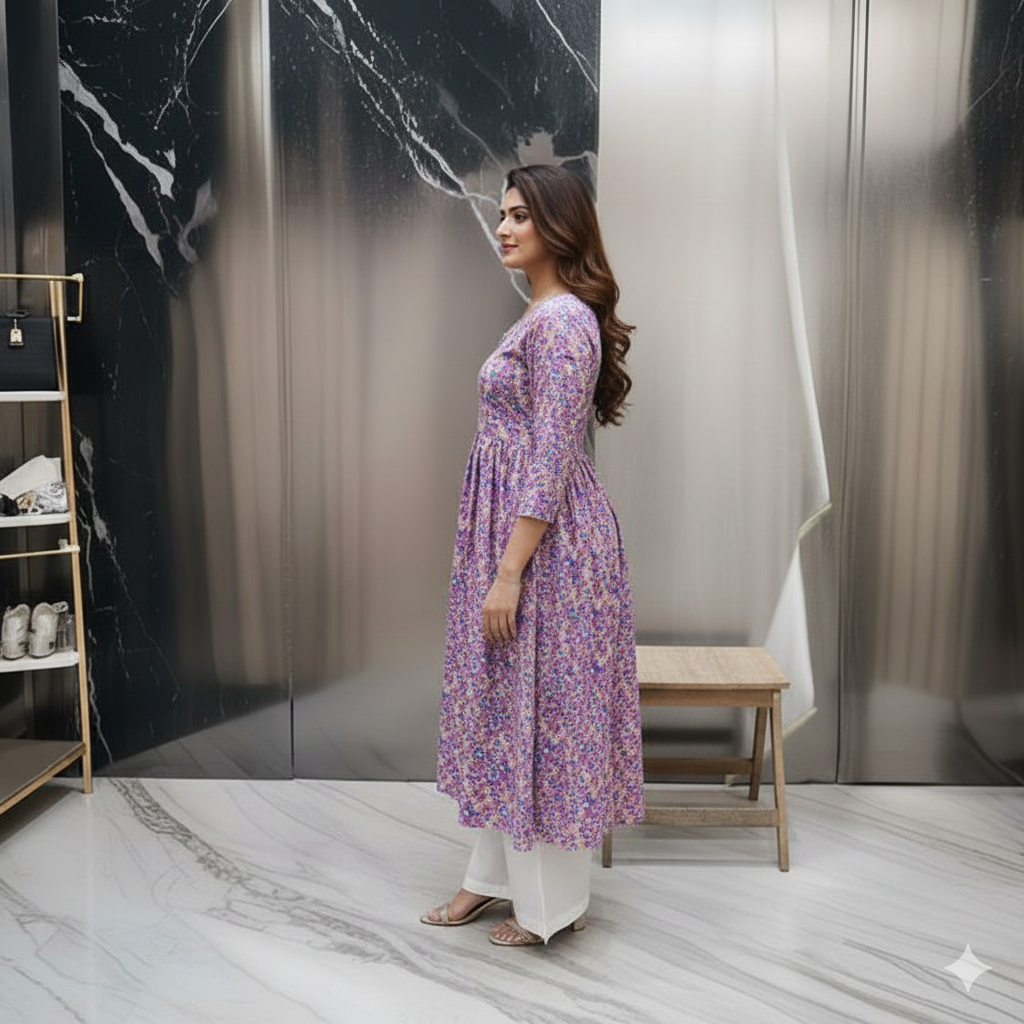 Anamika Pink Side Ribbon Cotton Kurti Set