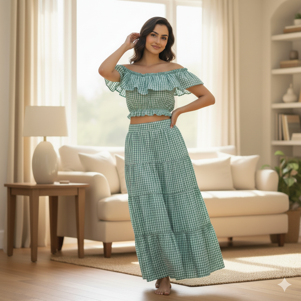 SS- Green Stretchable Top With Side Cut Skirt