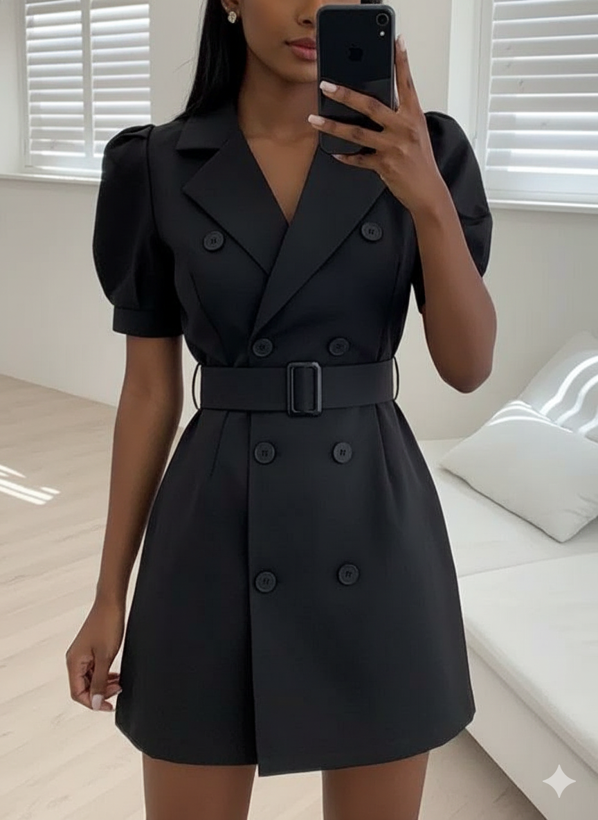 Puffed Sleeved belted buttoned blazer dress