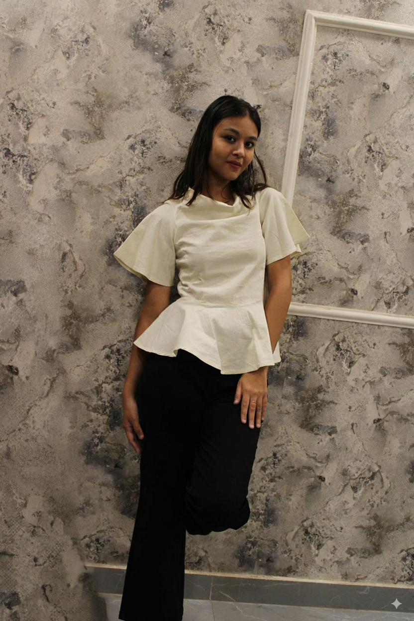Elegant Cream Peplum Top With Flared Sleeves