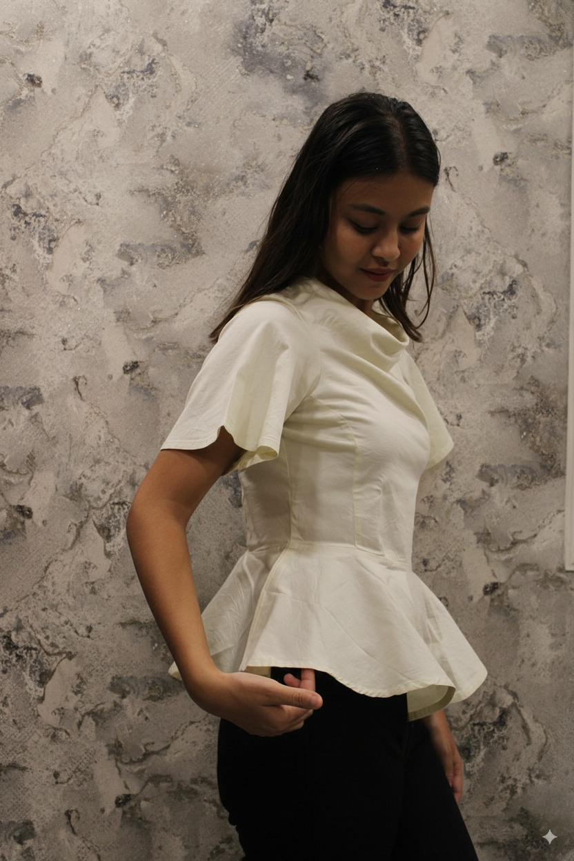 Elegant Cream Peplum Top With Flared Sleeves