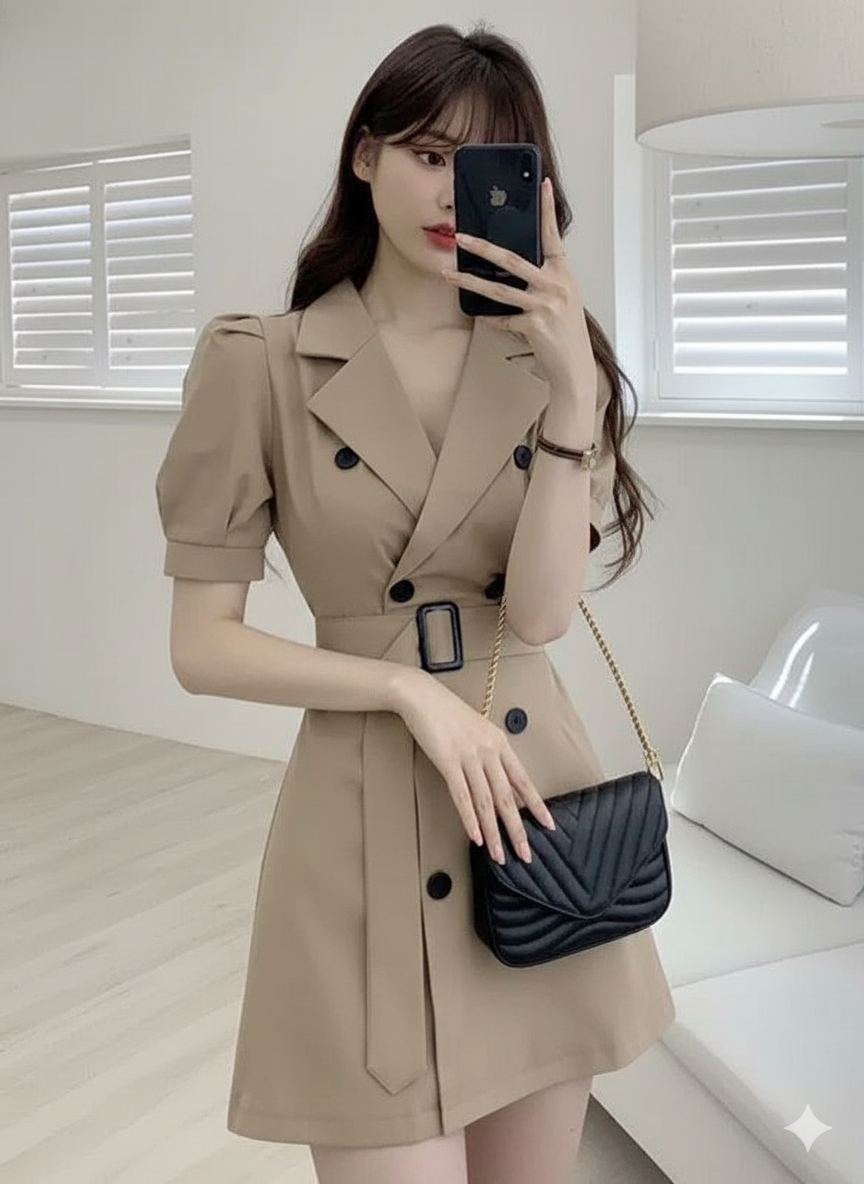 Puffed Sleeved belted buttoned blazer dress