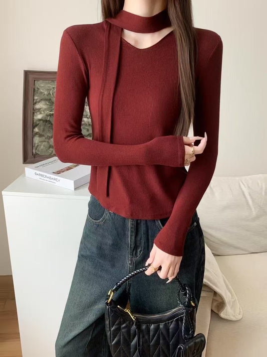Basic Knit Tops with Neck Bow