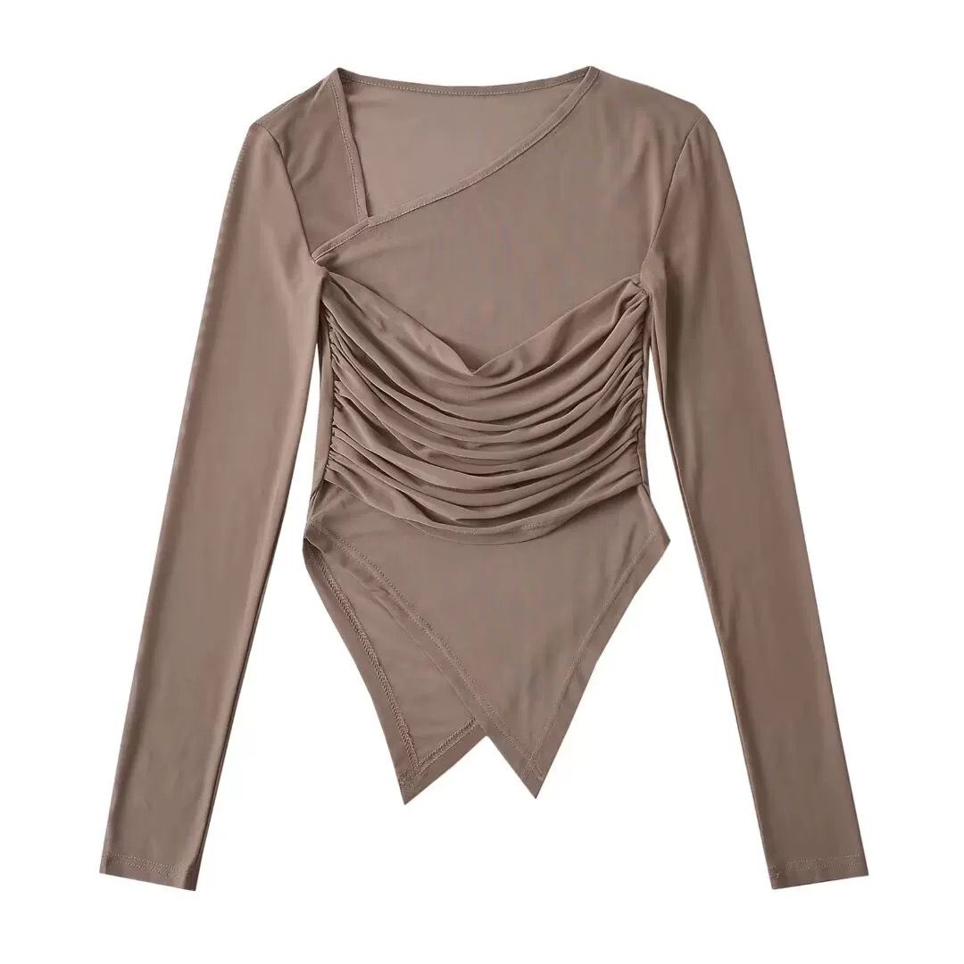 Ruched Assymetrical Hem Long Sleeves Top