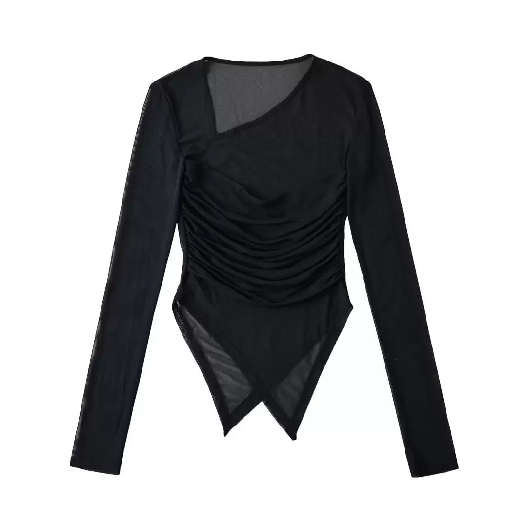 Ruched Assymetrical Hem Long Sleeves Top