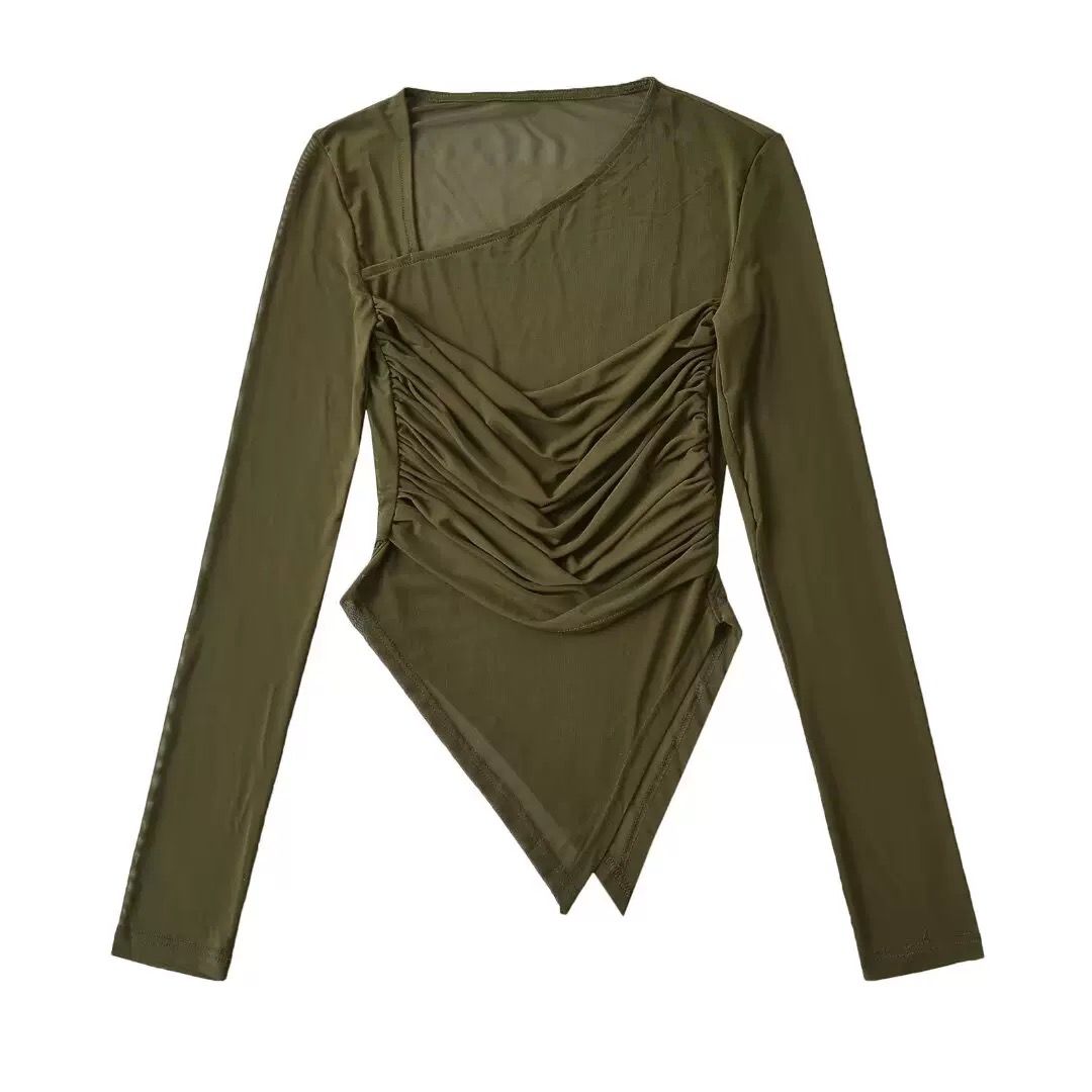 Ruched Assymetrical Hem Long Sleeves Top