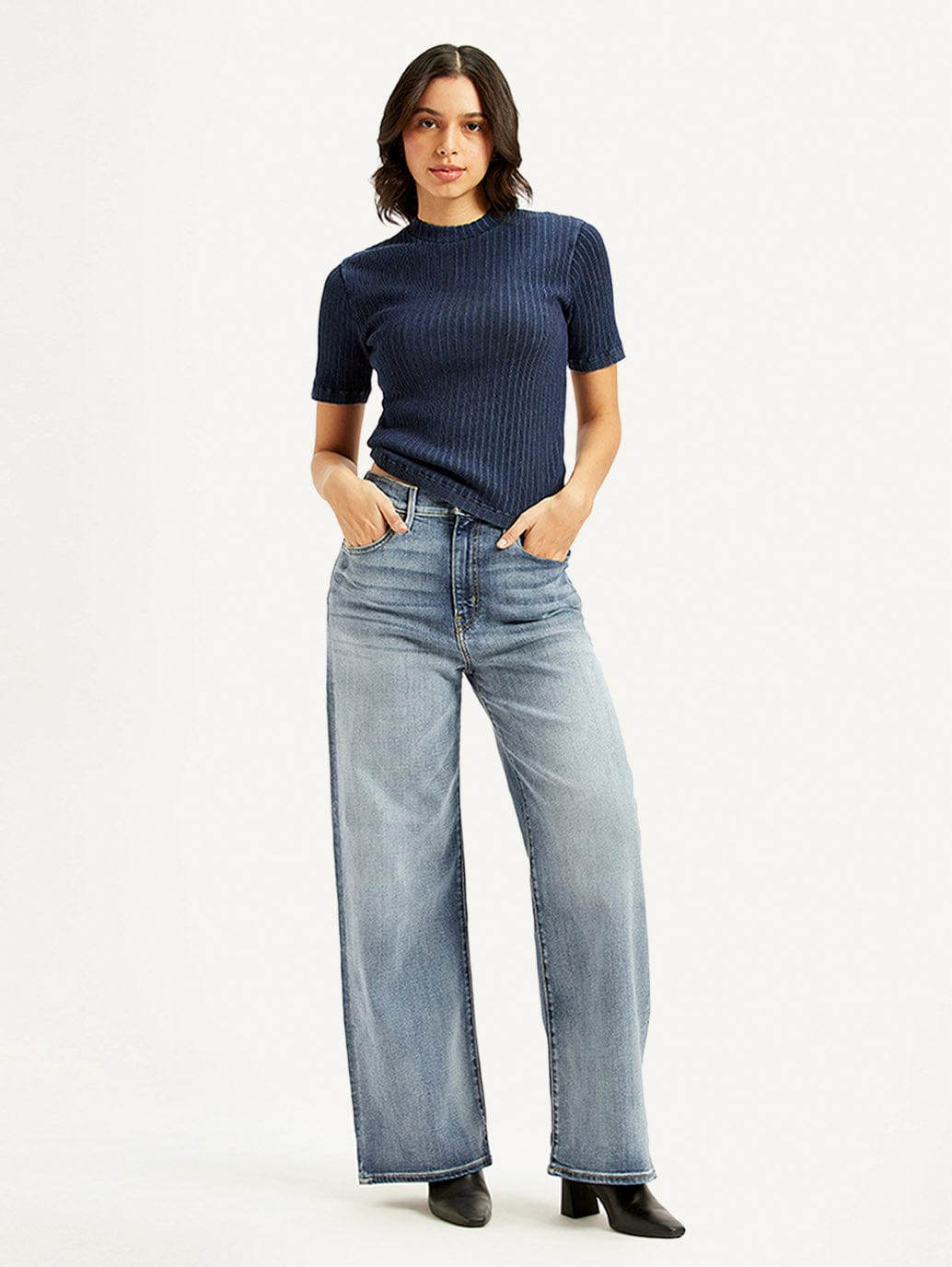 Navy Blue Ribbed Short Sleeve Top