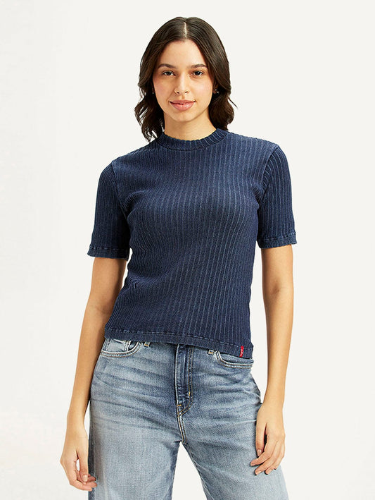 Navy Blue Ribbed Short Sleeve Top