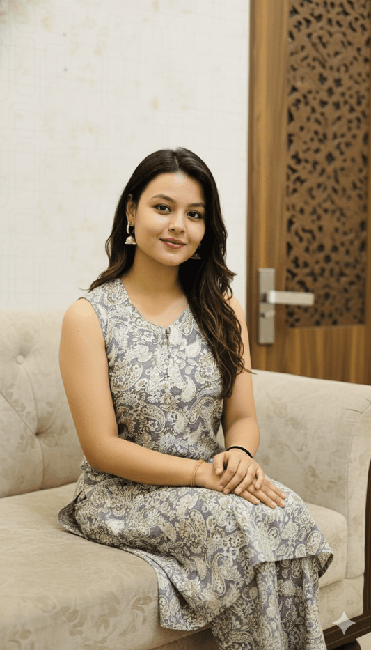 Paisley Serenity Sleeveless Kurti Set - ETHNIC SET - stylessagess